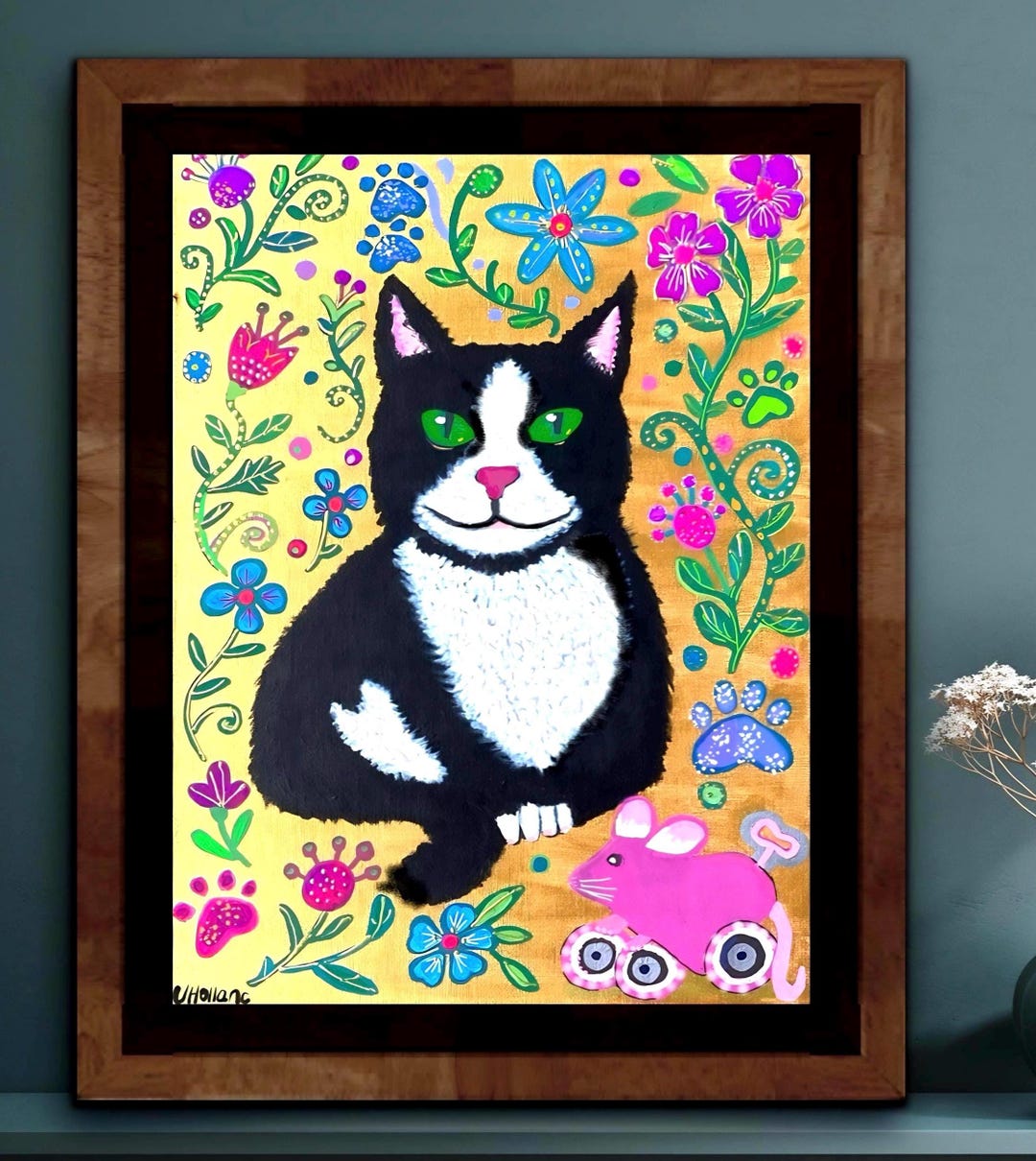 Tuxedo Cat Art Print 16x12 | Colorful Folk Art Cat Illustration ...
