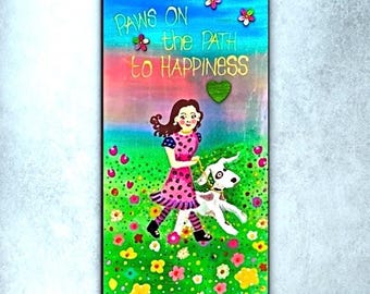 Girl and her dog Painting : unique folk art ,  ooak wooden original mixed media artwork