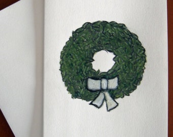 Holiday Wreath Note Card - handmade original drawing of a wreath on card stock