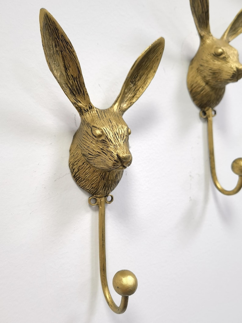 Vintage Brass Rabbit Wall Hooks - Clothes, Hats, Keys - 3 Pack