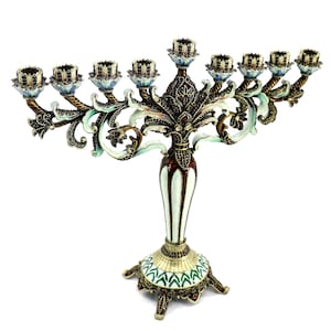 Enamel Floral Hanukkah Menorah: 9-Branch Holiday Candle Holder