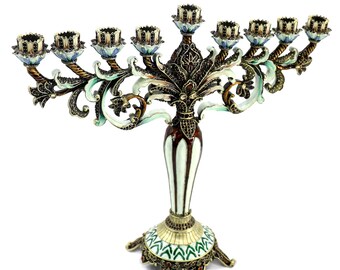 Enamel Floral Hanukkah Menorah: 9-Branch Holiday Candle Holder