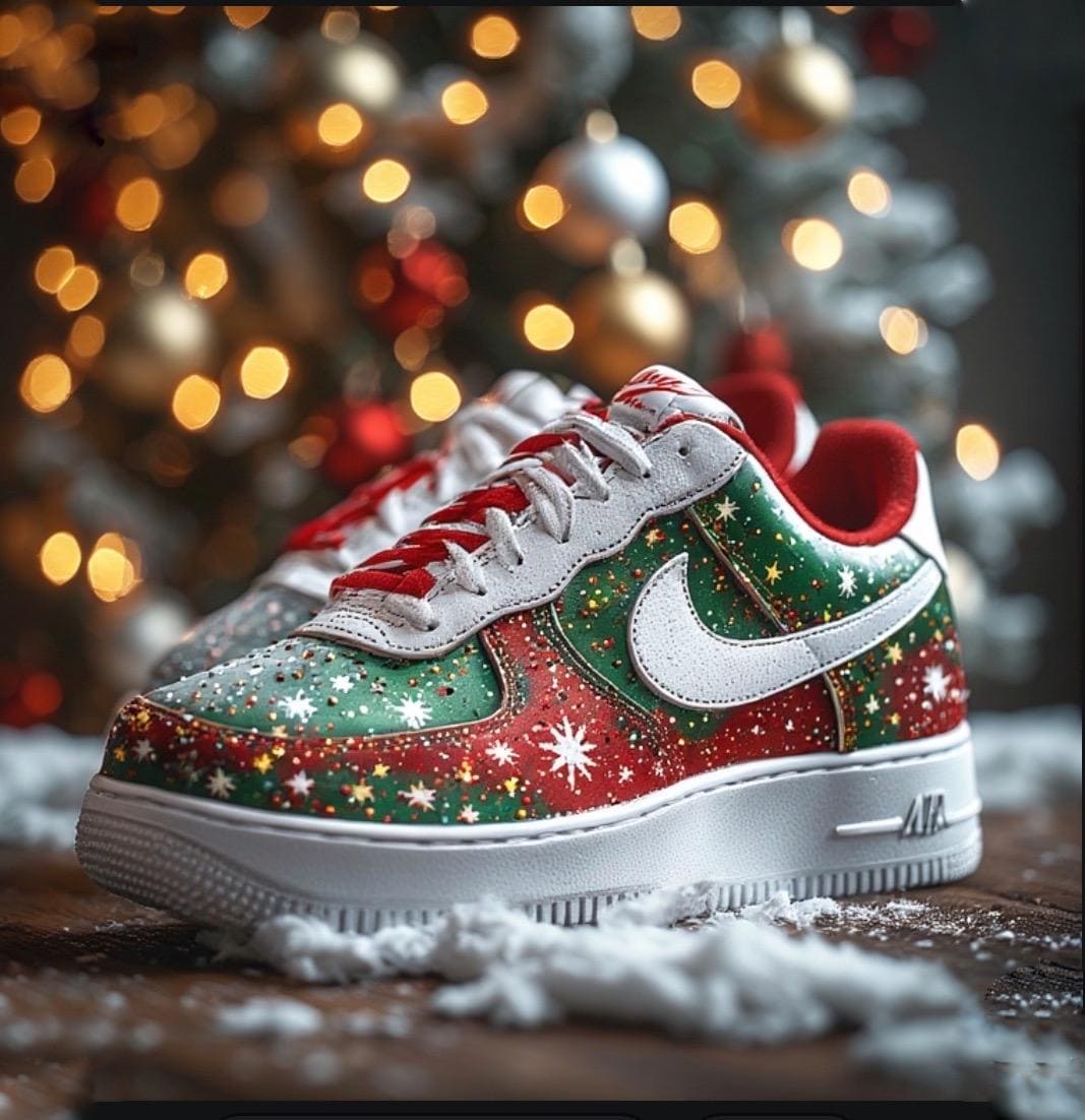 Custom Red & Green Nike Air Force 1 Christmas Shoes | White Snowflake ...