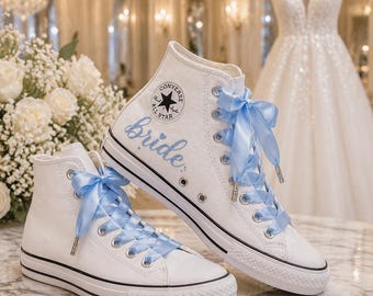 Wedding Sneakers for Bride | Something Blue Bridal Converse Hand Painted Bride Shoes | Blue Satin Ribbon Laces Comfortable Wedding Reception
