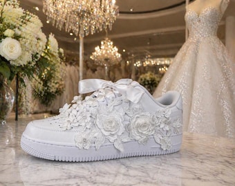Custom Wedding Nike Air Force 1 | Bridal Sneakers with 3D Lace Floral Appliqué | White Ribbon Lace Shoes | Bride Wedding Shoes | Custom AF1