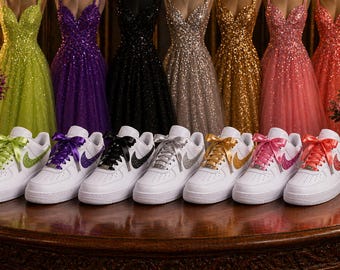 Luxury Custom Nike Air Force 1 Prom Shoes – Glitter Swoosh AF1 with Satin Ribbon Laces – Color Match Your Dress – Custom Prom Sneakers Girls