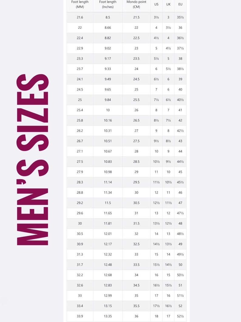 Pu&ograve; includere: Tabella delle taglie di scarpe da uomo, che mostra la lunghezza del piede in mm, pollici e punto Mondo (cm), con taglie US, UK ed EU. Il testo "MEN'S SIZES" &egrave; allineato verticalmente a sinistra.