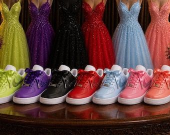 Custom Color Prom Shoes – Solid Color Nike Air Force 1 with Glitter Swoosh & Satin Ribbon Laces – Match Your Dress Sneakers