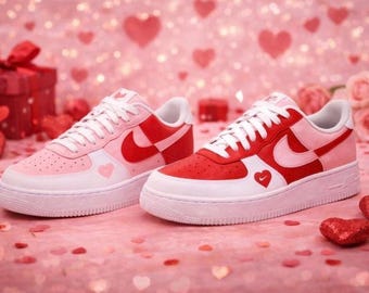 Custom Valentine’s Day Nike Air Force 1 Shoes – Hand Painted Pink & Red AF1 Sneakers – Heart Design – Romantic Gift for Her or Him