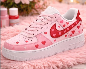 Custom Valentine’s Day Nike Air Force 1 Shoes – Hand Painted Pink & Red AF1 Sneakers – Heart Design – Romantic Gift for Her or Him