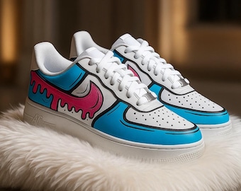 Blue and Pink Drip Custom Nike Air Force 1 | Hand Painted AF1 Shoes | Unique Streetwear Sneakers | Custom Gift for Her or Him | Trendy Drip