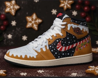Custom Nike Air Jordan 1 Mid Gingerbread Christmas Shoes | Hand Painted Holiday Jordans | Festive Brown White Green Sneakers Gift