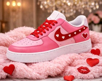 Custom Valentine’s Day Nike Air Force 1 Shoes – Hand Painted Pink & Red AF1 Sneakers – Heart Design – Romantic Gift for Her or Him