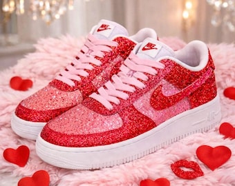 Valentine’s Day Glitter Nike Air Force 1 – Pink & Red Bling Custom AF1 Shoes – Hand-Painted Sparkle Sneakers – Romantic Valentine Gift