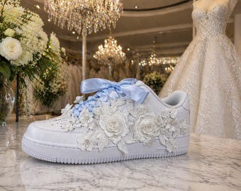 Something Blue Wedding Nike Air Force 1 | Bridal Sneakers with Lace Appliqué & Blue Ribbon Laces | Bride Shoes | Custom AF1 Wedding Shoes