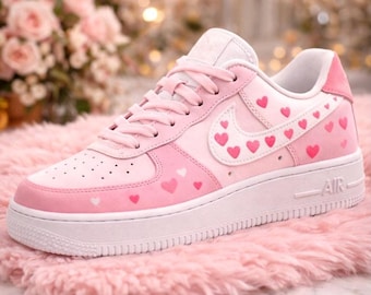 Custom Valentine’s Day Nike Air Force 1 Shoes – Hand Painted Pink & Red AF1 Sneakers – Heart Design – Romantic Gift for Her or Him