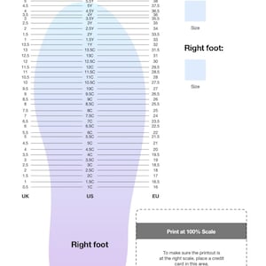Pu&ograve; includere: Tabella di conversione delle taglie di scarpe con taglie UK, US ed EU. Include un contorno del piede per la misurazione e una linea di righello. Istruzioni per la misurazione accurata del piede e la scala di stampa.