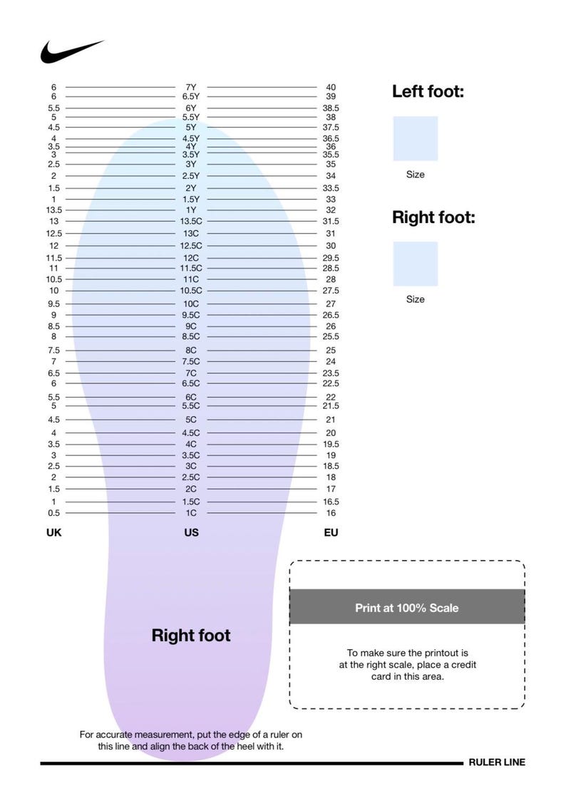 Pu&ograve; includere: Tabella di conversione delle taglie di scarpe con taglie UK, US ed EU. Include un contorno del piede per la misurazione e una linea di righello. Istruzioni per la misurazione accurata del piede e la scala di stampa.