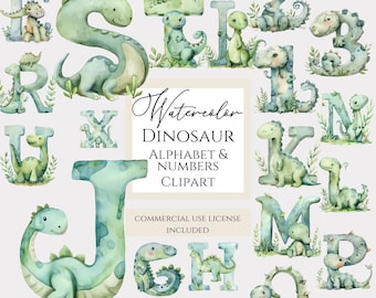 Clipart dell'alfabeto con dinosauro ad acquerello. Alfabeto con lettere turchesi in formato PNG.