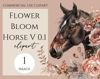 Paard clipart, 1 dollar enkele afbeelding met commercieel gebruik inbegrepen, aquarel paard met bloemen.