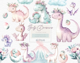 Puede incluir: Una colección de imágenes prediseñadas digitales con ilustraciones en acuarela de dinosaurios en tonos pastel con coronas de flores, huevos de dinosaurio y un volcán. El texto central dice Girly Dinosaurs, CLIPART PACK, COMMERCIAL USE, LICENSE INCLUDED, 42 FILES.