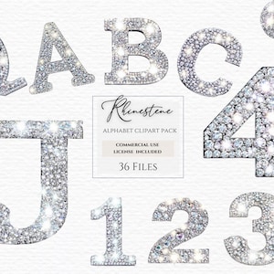 Pu&ograve; includere: Un set di 36 immagini clipart di alfabeto e numeri in strass. Le lettere e i numeri sono argentati e brillano. Le immagini sono perfette per aggiungere un tocco di glamour ai tuoi progetti.
