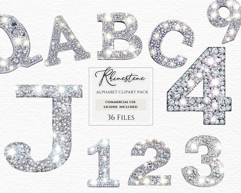 Pu&ograve; includere: Un set di 36 immagini clipart di alfabeto e numeri in strass. Le lettere e i numeri sono argentati e brillano. Le immagini sono perfette per aggiungere un tocco di glamour ai tuoi progetti.