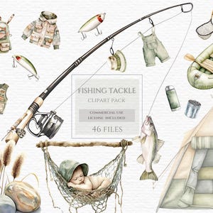 Clipart acquerello di attrezzatura da pesca, Clipart di pesca, Pesca ad acquerello, PNG di pesca, Illustrazione di pesca, Clip Art di pesca, Andato a pesca.