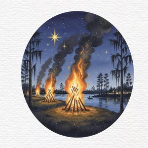 May include: A circular watercolor painting depicts a nighttime scene with bonfires along a riverbank. The sky is dark blue with stars and a large, bright star. Smoke rises from the flames, and trees line the water's edge.