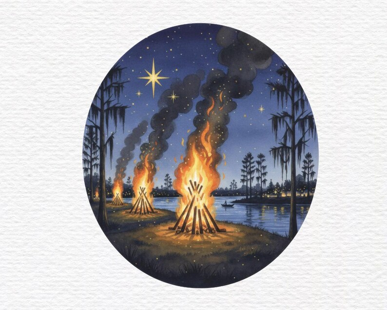 May include: A circular watercolor painting depicts a nighttime scene with bonfires along a riverbank. The sky is dark blue with stars and a large, bright star. Smoke rises from the flames, and trees line the water's edge.