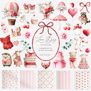 May include: A collection of watercolor illustrations featuring a Valentine's Day theme. Includes a hot air balloon, baby clothes, a bouquet of roses, a heart-shaped balloon, a raccoon holding a gift, and various other elements in shades of pink and red.