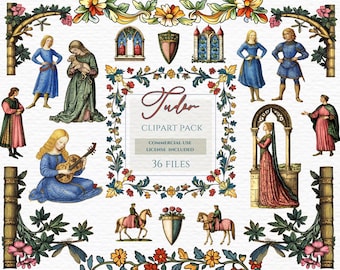 Tudor clipart, middeleeuwse clipart, middeleeuwse soldaat, middeleeuwse maagd PNG, Minnesinger-illustraties, efemere rommeltijdschrift.