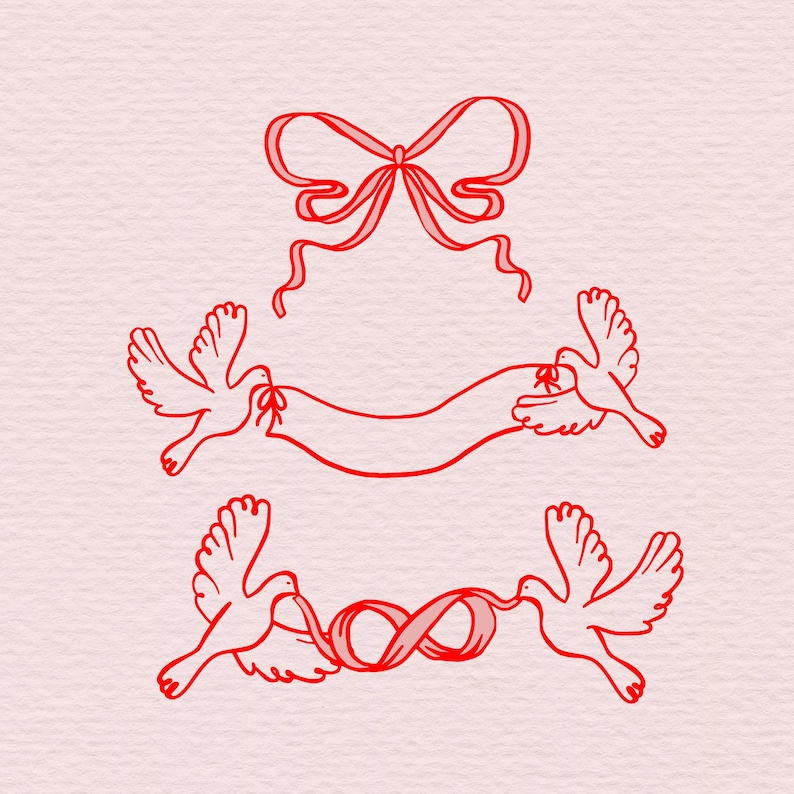 Peut inclure: Illustration au trait rouge sur fond rose. Le design pr&eacute;sente un grand n&oelig;ud, deux colombes tenant une banni&egrave;re et deux colombes tenant un symbole infini en ruban. Le style est simple et &eacute;l&eacute;gant.