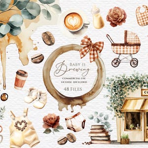 May include: Watercolor illustration with coffee and baby-themed elements. Includes coffee cups, beans, a stroller, baby clothes, and the text "Baby is Brewing". Features a coffee shop and floral accents.