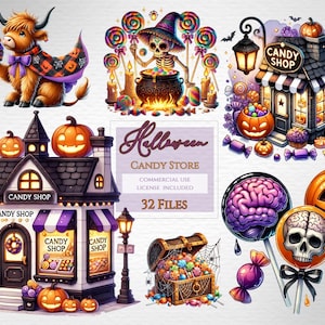 Clipart Halloween Candy Shop, kraina cukierków Halloween, sklep ze słodyczami Halloween. Dowiedz się więcej w opisie poniżej.