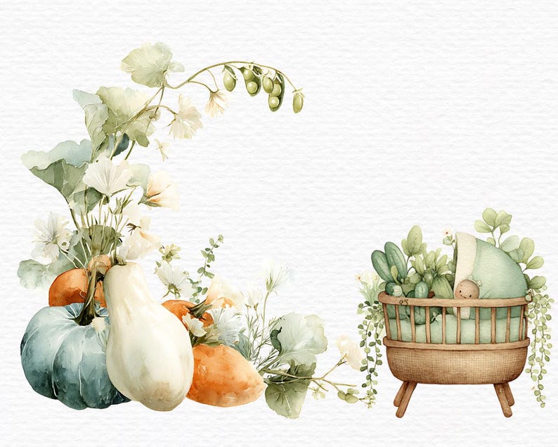 May include: Watercolor illustration featuring a baby in a wooden crib, surrounded by greenery. A collection of pumpkins in shades of blue, white, and orange, along with delicate white flowers and foliage, creates a soft, natural aesthetic.