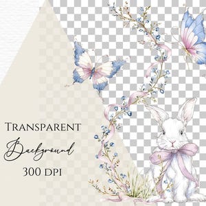 May include: Watercolor illustration featuring a white bunny with a lavender bow, two butterflies with blue and pink wings, and a floral arrangement with blue flowers and pink ribbons. The text "TRANSPARENT Background 300 DPI" is also included.