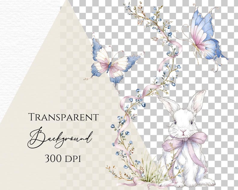 May include: Watercolor illustration featuring a white bunny with a lavender bow, two butterflies with blue and pink wings, and a floral arrangement with blue flowers and pink ribbons. The text "TRANSPARENT Background 300 DPI" is also included.