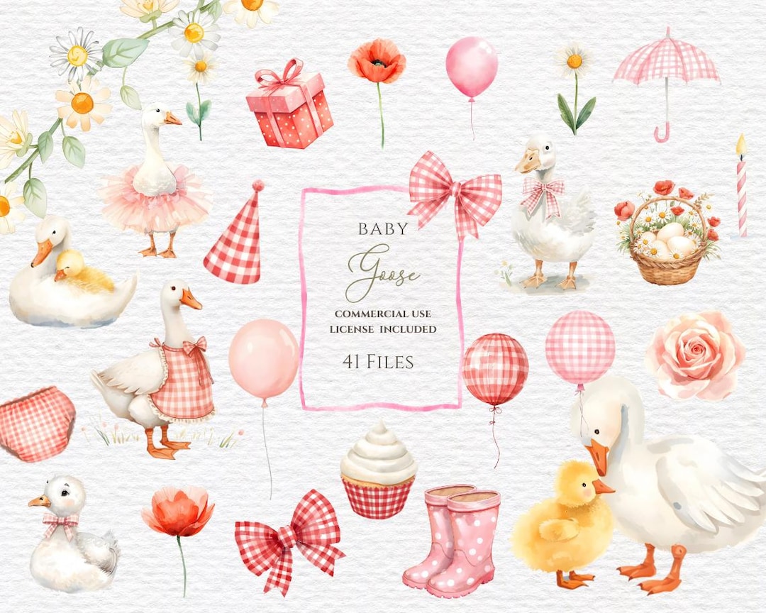 Silly Goose Clipart Gingham Pink Baby Shower Clipart, Watercolor ...