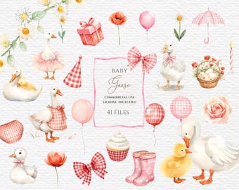 Silly goose clipart gingham pink Baby Shower Clipart, Watercolor Clipart, Silly Goose Birthday, Spring Cottagecore, Commercial Use.
