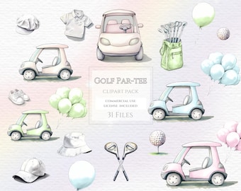 Imágenes prediseñadas de carritos de golf en acuarela, imágenes prediseñadas deportivas, imágenes prediseñadas de palos de golf, imágenes prediseñadas de pelotas de golf, imágenes prediseñadas deportivas, imágenes prediseñadas de bolsas de golf, PNG de palos de golf.