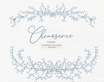 May include: A digital graphic featuring a blue hand-drawn botanical vine frame on a textured white background. The text reads Chinoiserie CLIPART COMMERCIAL USE LICENSE INCLUDED in blue and black lettering centered within the vine border.