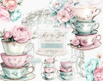 May include: A collection of watercolor illustrations featuring stacks of pastel pink and mint green teacups decorated with floral patterns, accompanied by bouquets of roses and peonies, with text reading Mint & Pink HIGH TEA TIME.