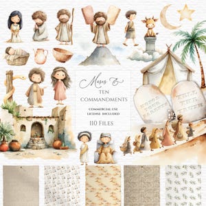 May include: Watercolor illustrations featuring biblical figures, including Moses holding tablets, and scenes from the Ten Commandments. The image includes text that reads "Moses & Ten Commandments" and "110 Files".