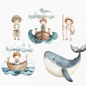 May include: Watercolour illustration of five children's religious figures. The figures are a boy in a boat, a boy with a staff, a boy with a dove, a boy with a whale, and a boy with a cloud. The figures are all in a watercolour style and are set against a white background.