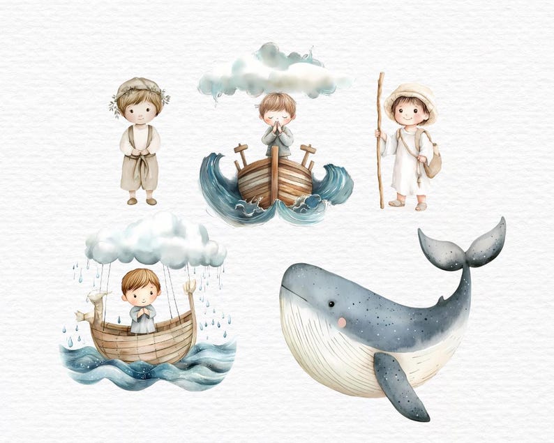 May include: Watercolour illustration of five children's religious figures. The figures are a boy in a boat, a boy with a staff, a boy with a dove, a boy with a whale, and a boy with a cloud. The figures are all in a watercolour style and are set against a white background.