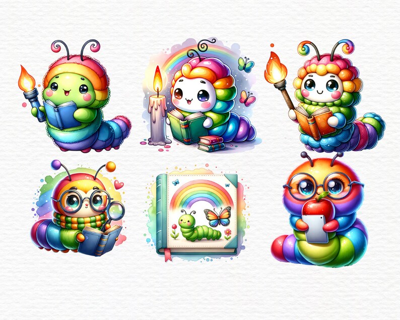 May include: Six colorful cartoon caterpillars with rainbow stripes are reading books, holding a torch, and eating an apple. One caterpillar is reading a book about a rainbow and a butterfly.