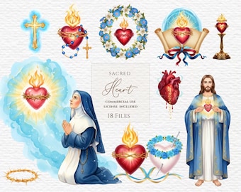 Sacred heart clipart bundle, Religious clipart, Jesus clipart, Jesus watercolor, Jesus png, Catholic png, Jesus bundle, Digital download.