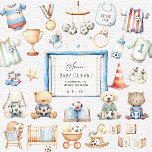 Watercolor Clipart Soccer baby shower, sport animals png, football graphics, baby soccer cleats for first birthday boy soccer png. image 1