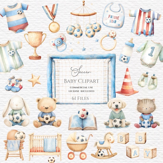 Watercolor Clipart Soccer baby shower, sport animals png, football graphics,  baby soccer cleats for first birthday boy soccer png.